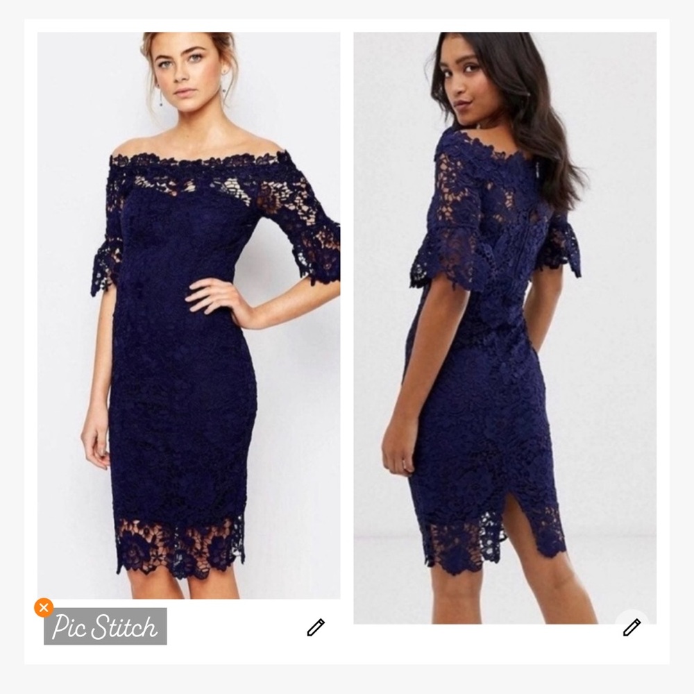 Paper Dolls Lace Bardot Dress Navy